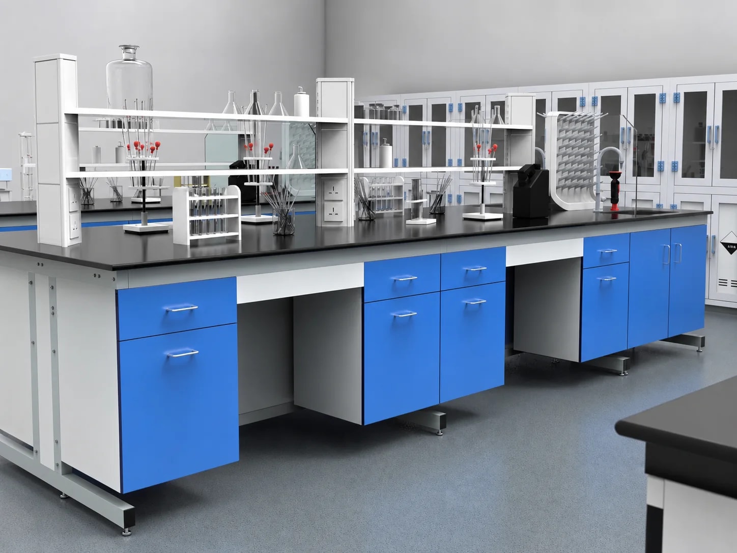 Completed blue and white laboratory furniture installation
